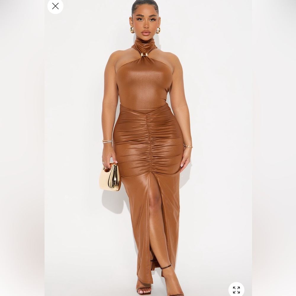 Fashion Nova Cognac Mock Neck Ruched Maxi Dress